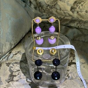 Vintage 3 PAIR: Fun & Elegant Purple and Black Dangle Earrings and Gold Clip-Ons